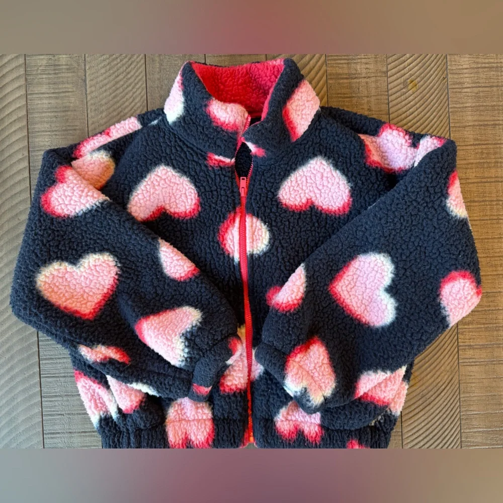 Old Navy Heart Printed Mock-Neck Sherpa Full-Zip Jacket Youth Size Medium (8)